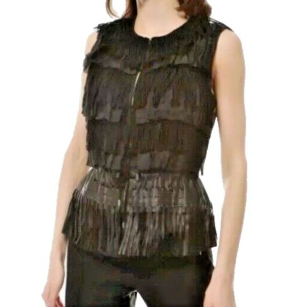 Elie Tahari Leather Silk Vest XS Fringe Western brown layered cinched waist Rare